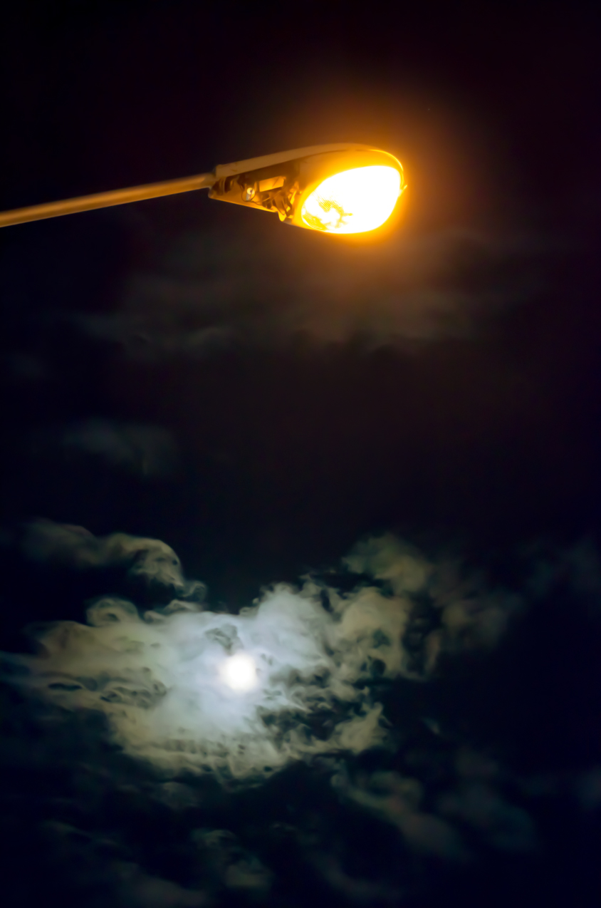 Street light, clouds, moon