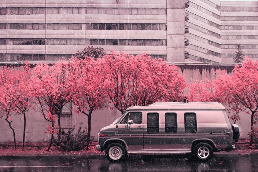 Pink chevy van in ekbatan town in snowy day